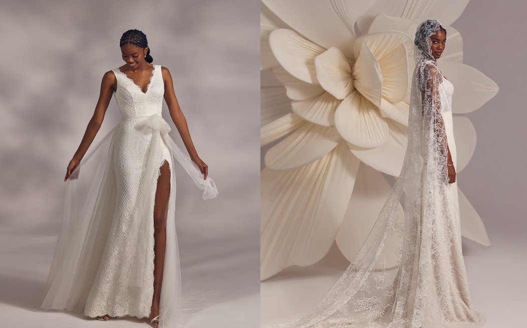Modern bride wearing a long lace veil with a sweetheart neckline wedding dress