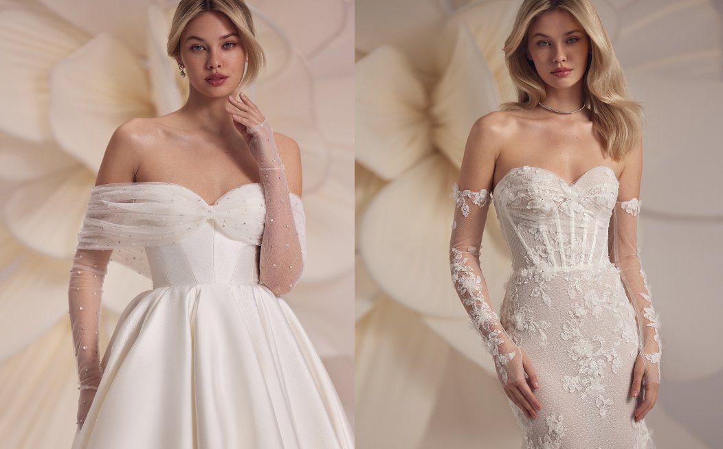 Bride wearing sheer gloves with pearl details and an elegant wedding dress