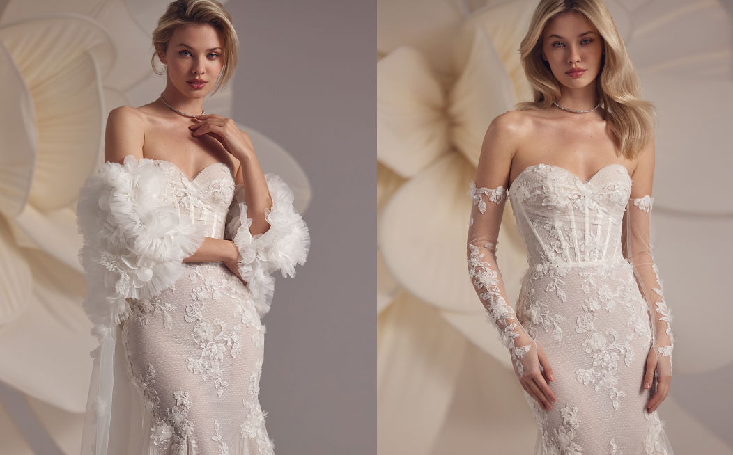 Bride wearing mermaid wedding dress with detachable overskirt