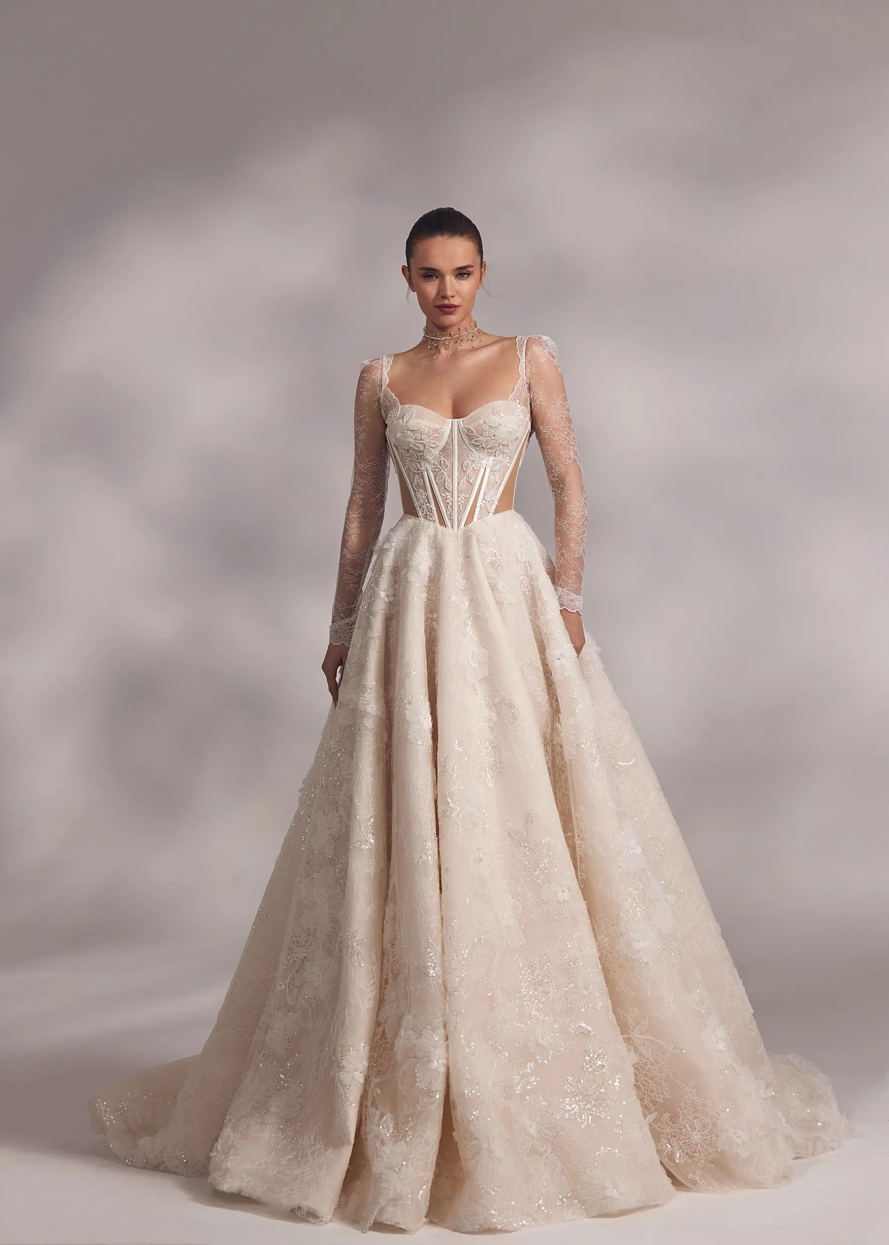 white christmas dresses Andrea & Leo Couture A1022 Long Sleeved Wedding Dress Lace Applique Sheer main image 1