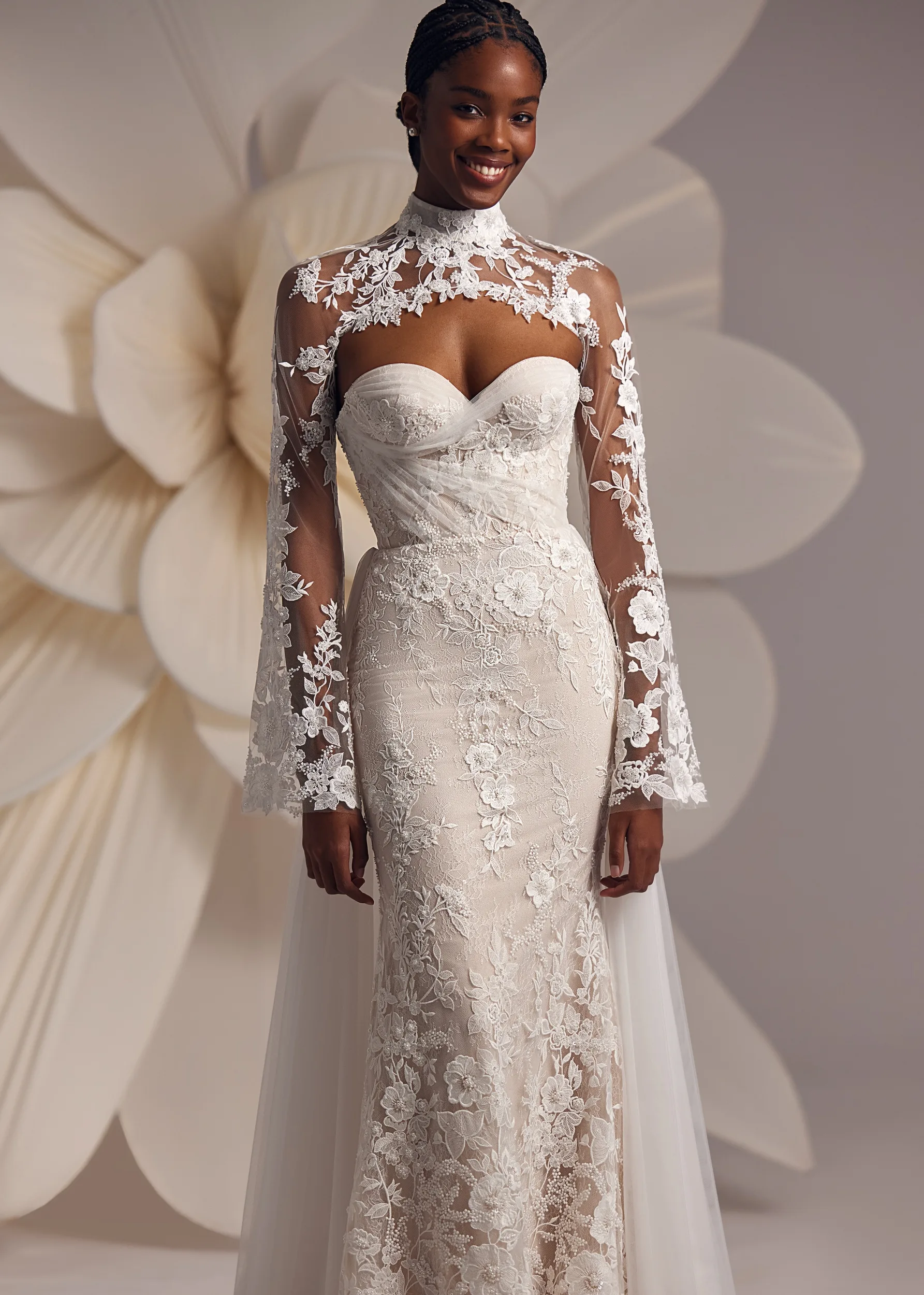 luxury flared wedding dresses Deep Nude Lining Wedding Dresses With Detachable Flare Long Sleeves